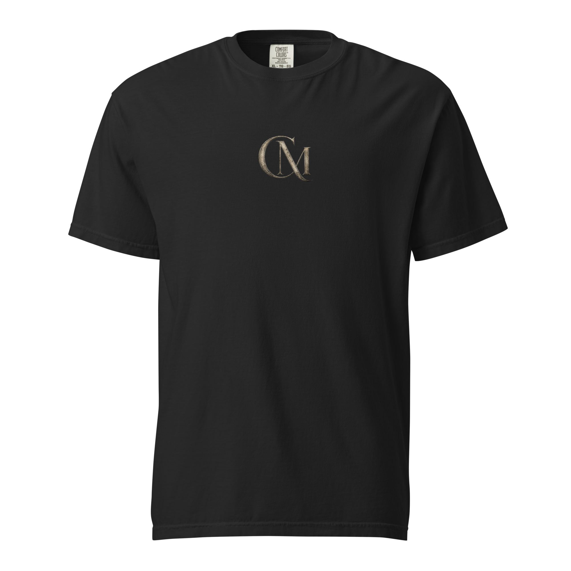 Product mockup of a black tee with CM logo on it for Charming Mystery Games