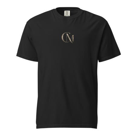 Product mockup of a black tee with CM logo on it for Charming Mystery Games