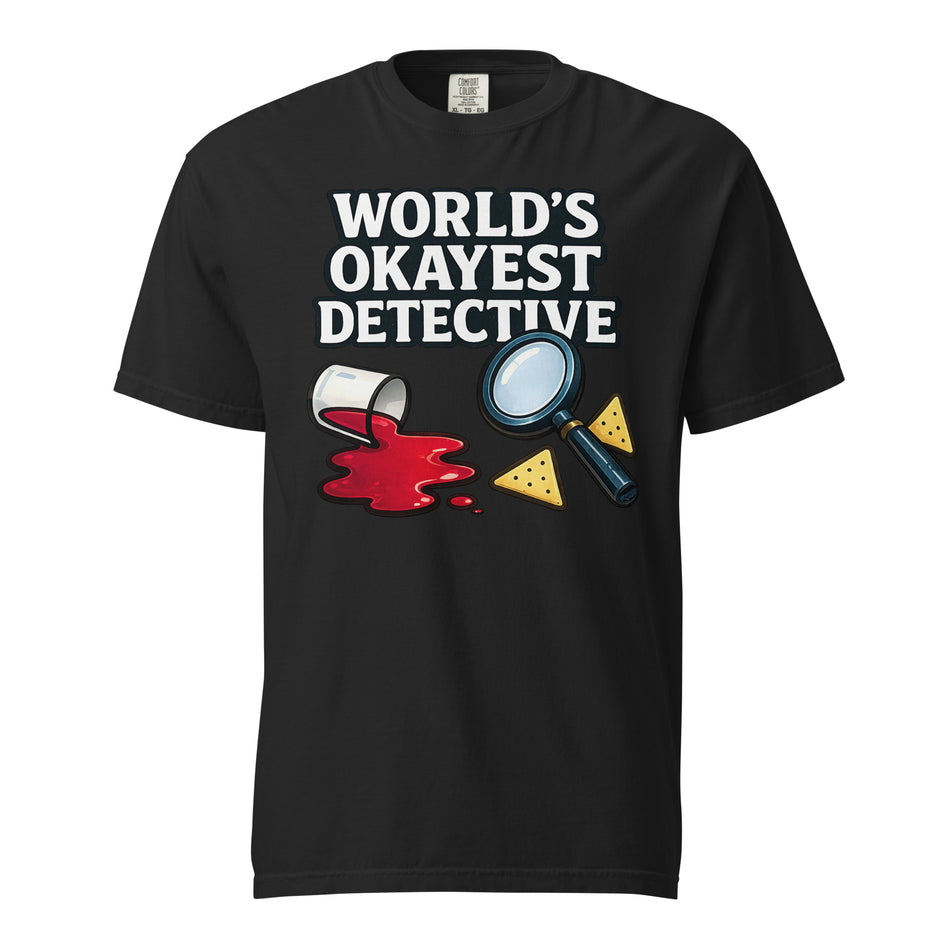 World's Okayest Detective graphic on the front of a shirt