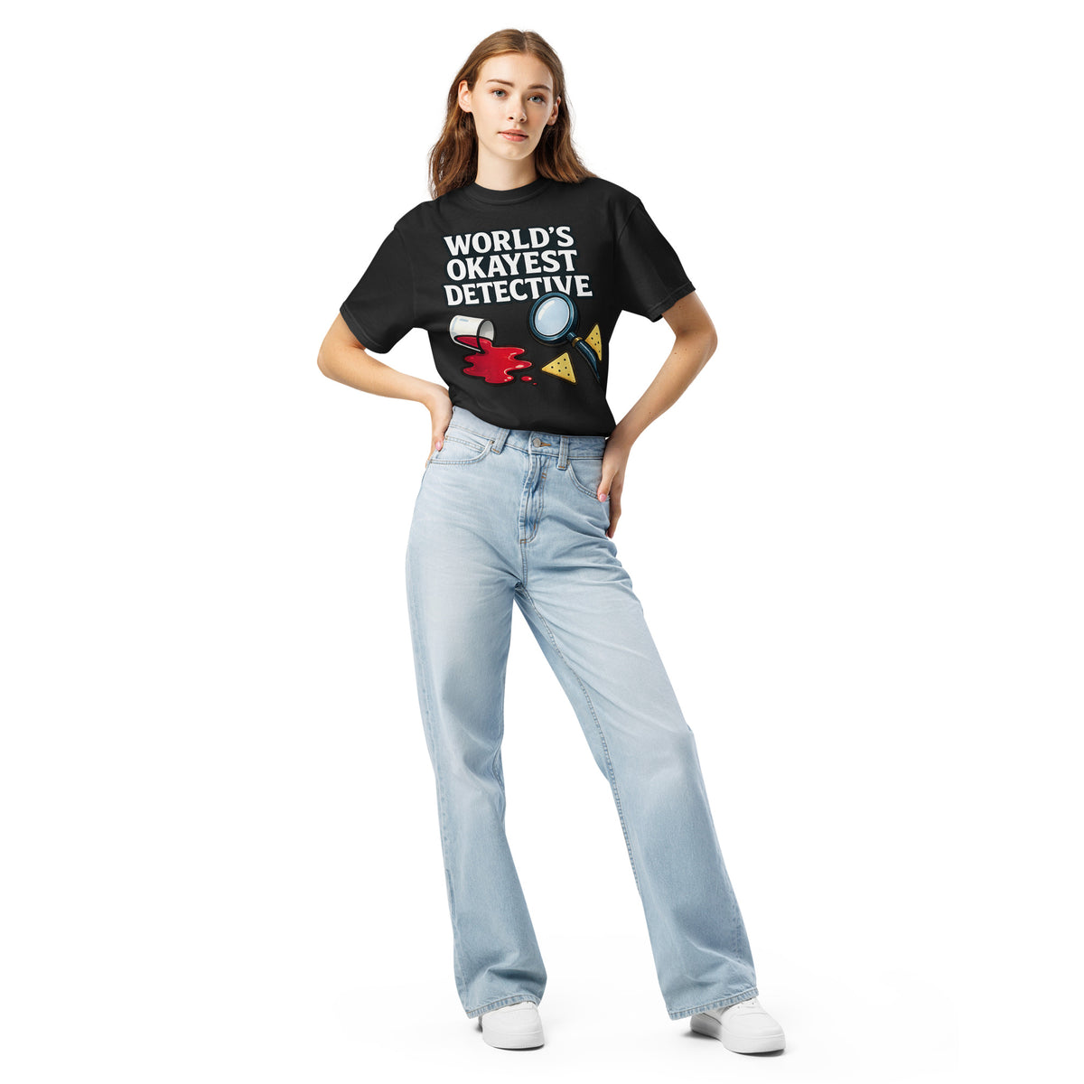 World's Okayest Detective graphic on the front of a shirt