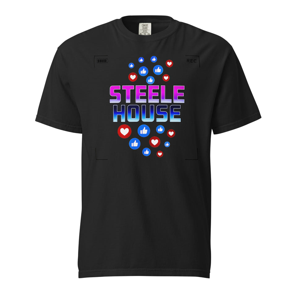 Product mockup of the Steele House tee shirt graphic for the Slay at the Cameras murder mystery party game.