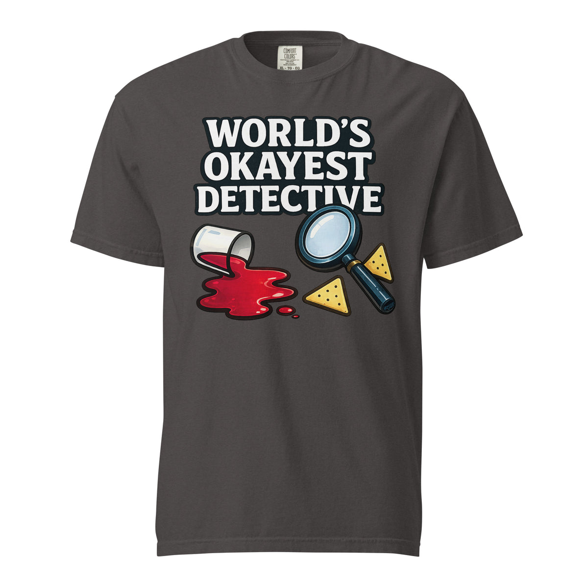 World's Okayest Detective graphic on the front of a shirt