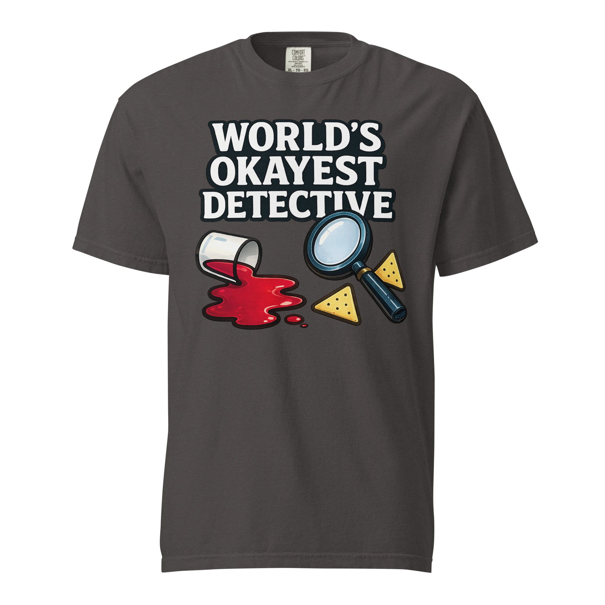 World's Okayest Detective graphic on the front of a shirt