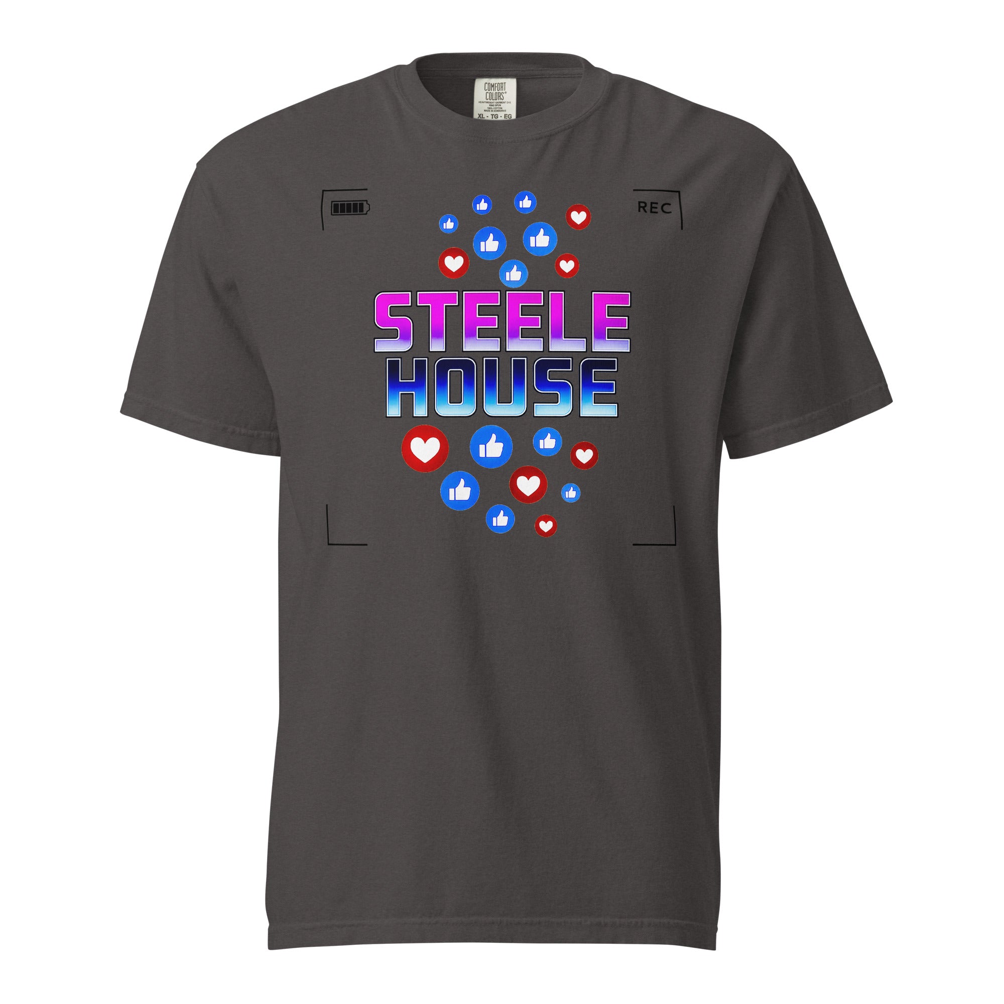 Product mockup of the Steele House tee shirt graphic for the Slay at the Cameras murder mystery party game.
