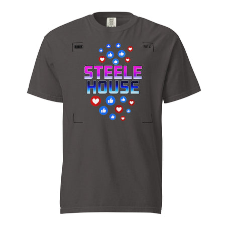 Product mockup of the Steele House tee shirt graphic for the Slay at the Cameras murder mystery party game.
