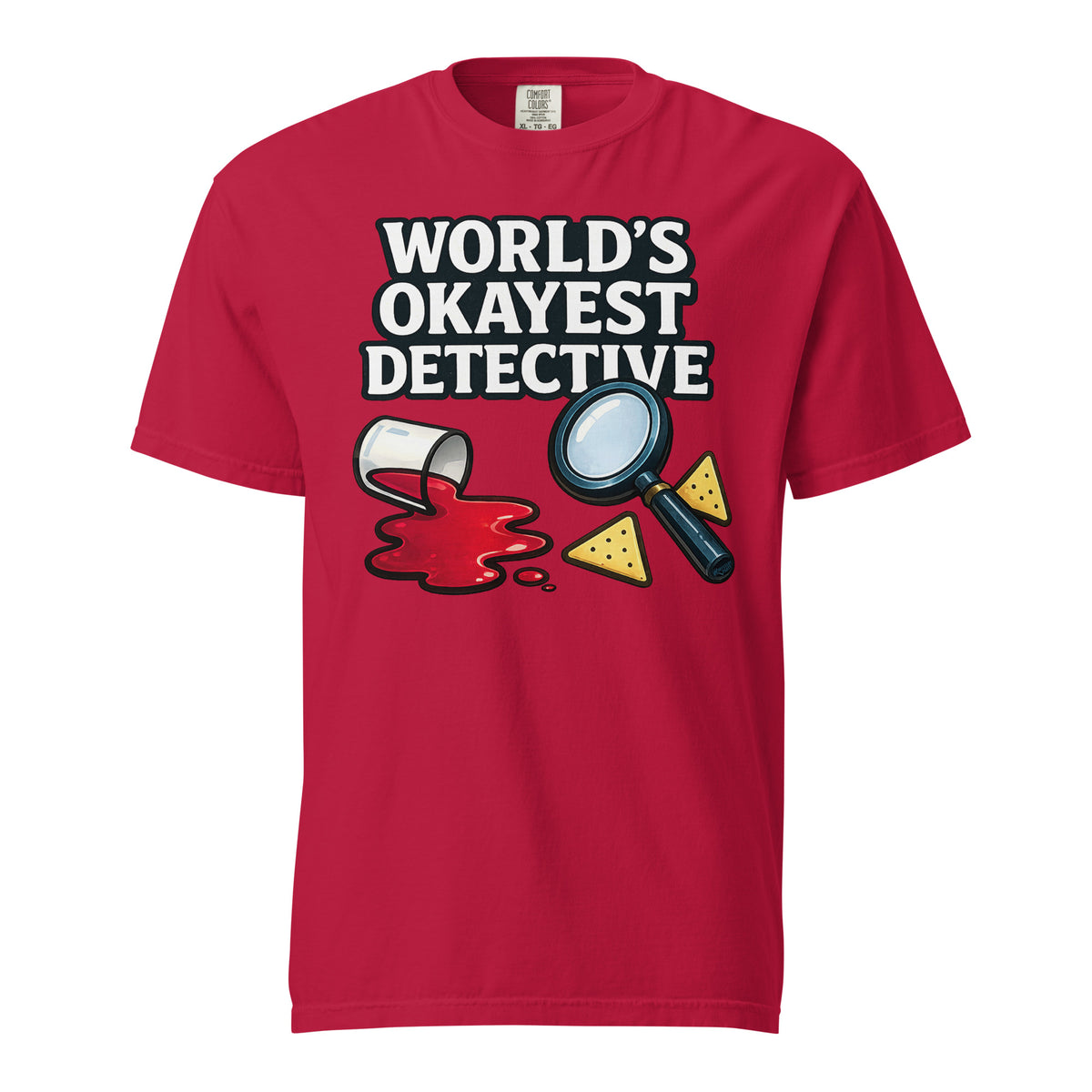 World's Okayest Detective graphic on the front of a shirt