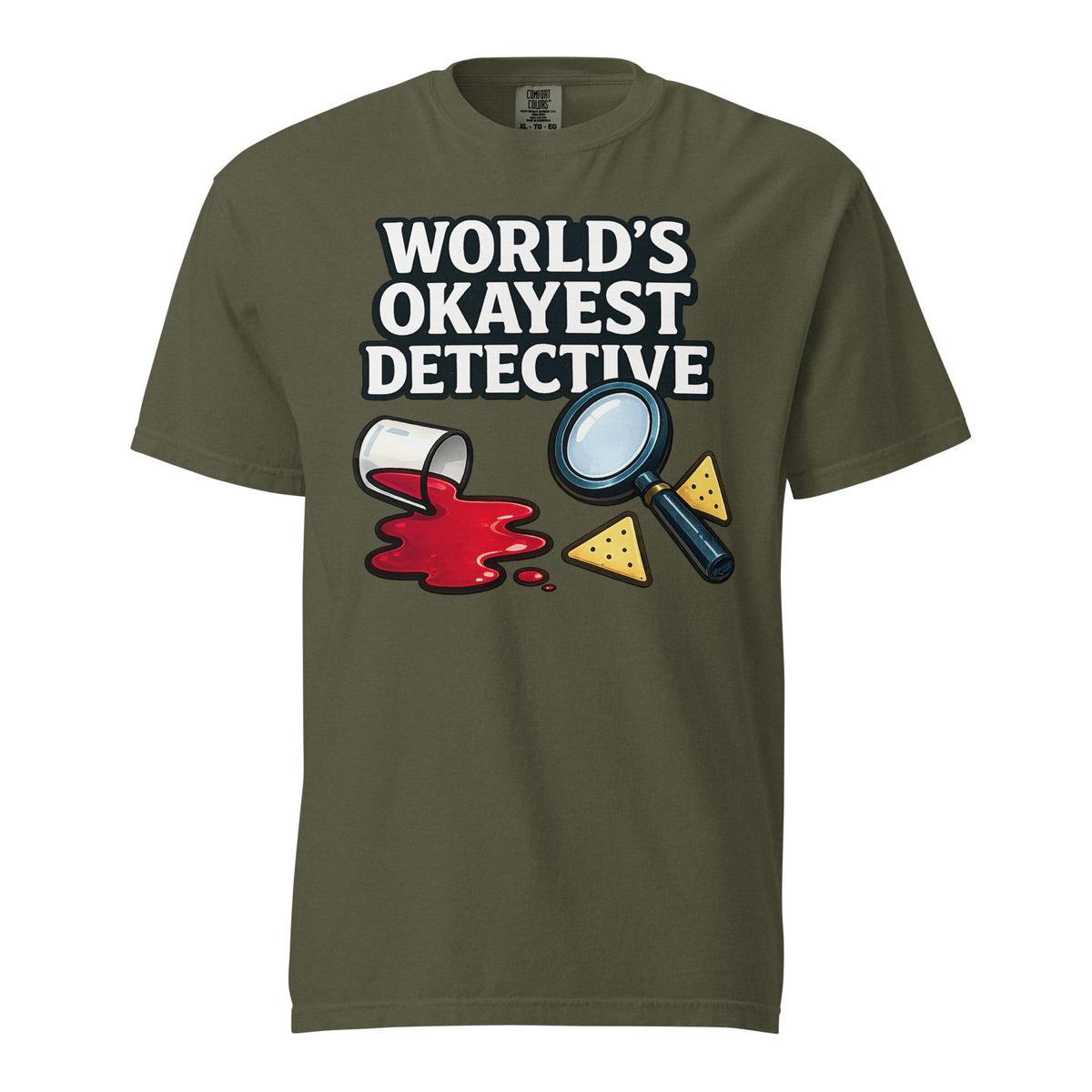 World's Okayest Detective graphic on the front of a shirt