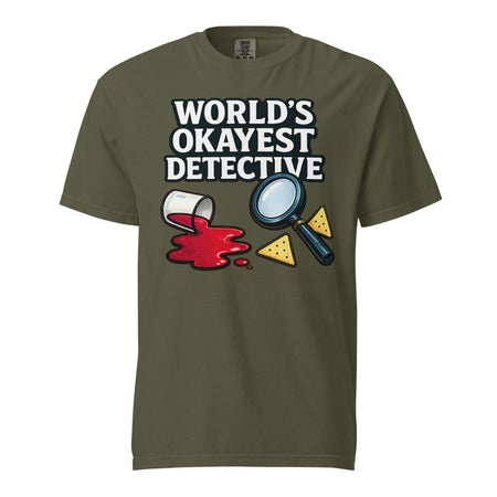 World's Okayest Detective graphic on the front of a shirt