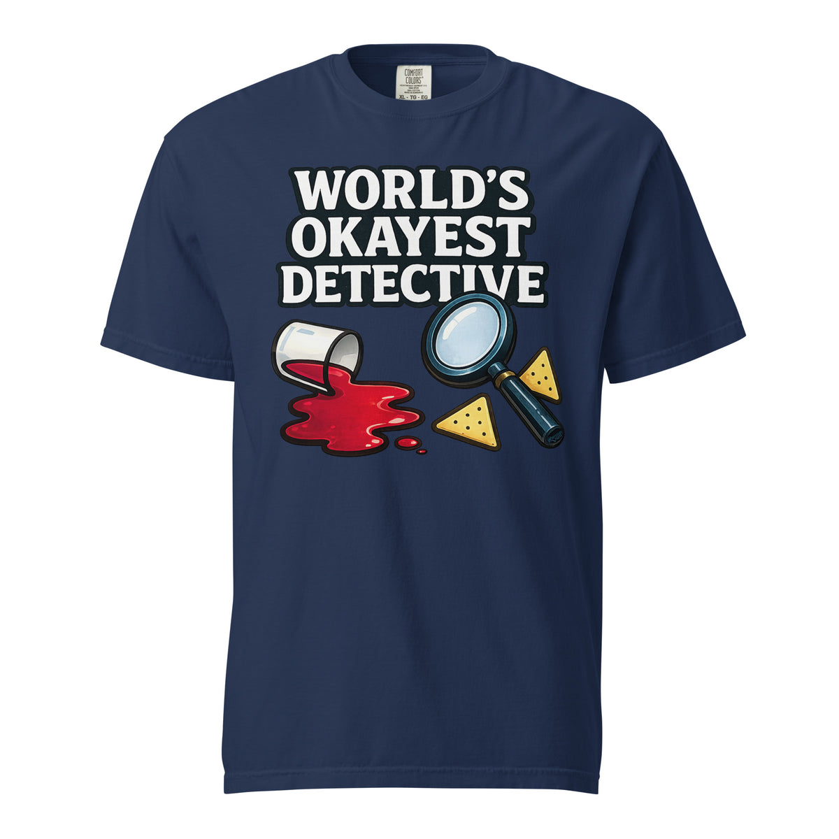 World's Okayest Detective graphic on the front of a shirt