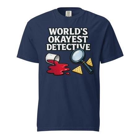 World's Okayest Detective graphic on the front of a shirt