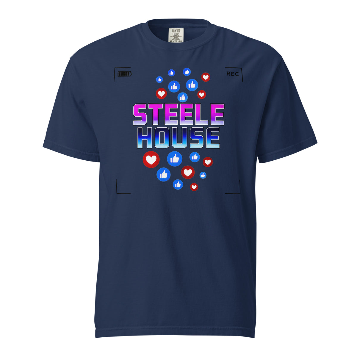 Product mockup of the Steele House tee shirt graphic for the Slay at the Cameras murder mystery party game.