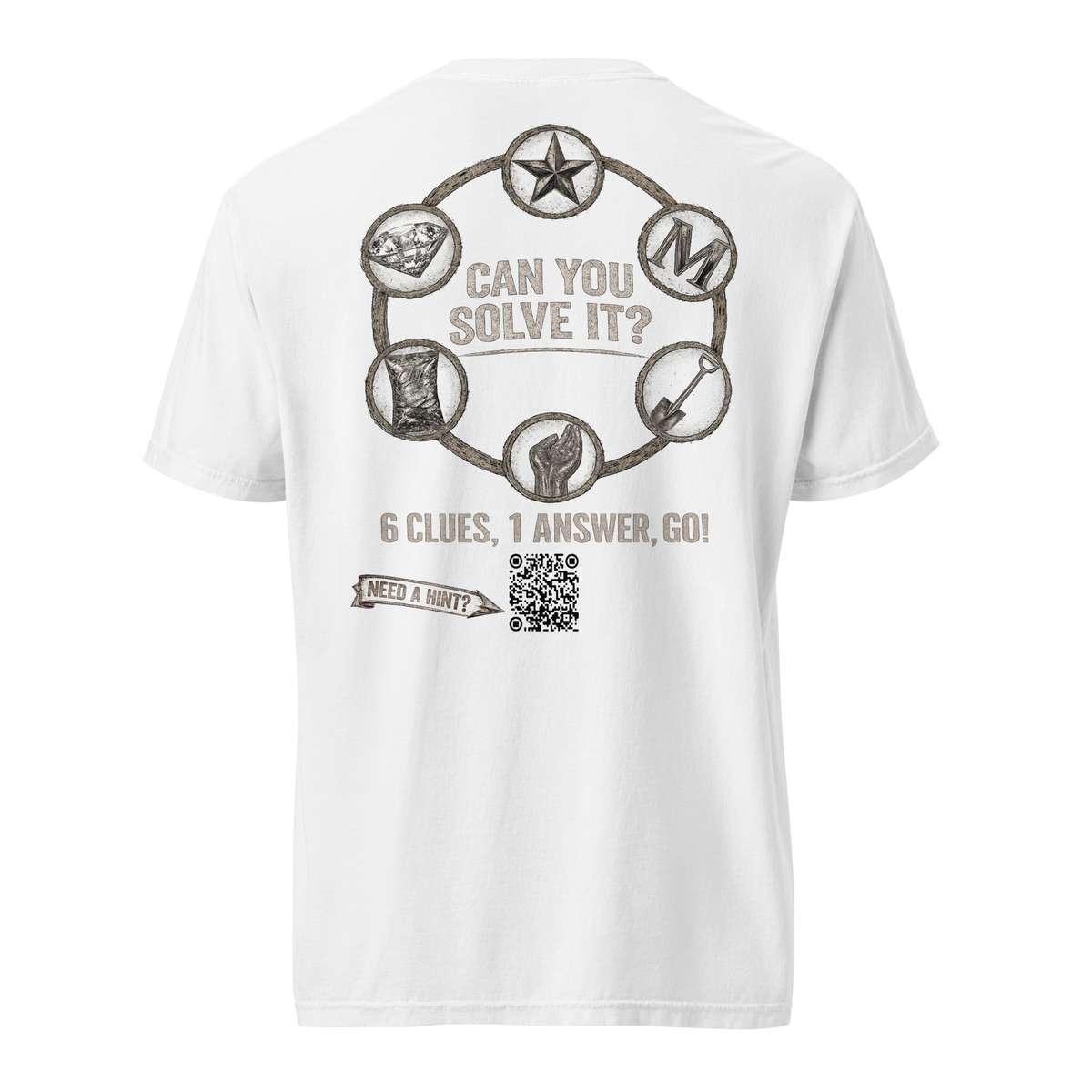 A mystery challenge on the back of a white shirt. 