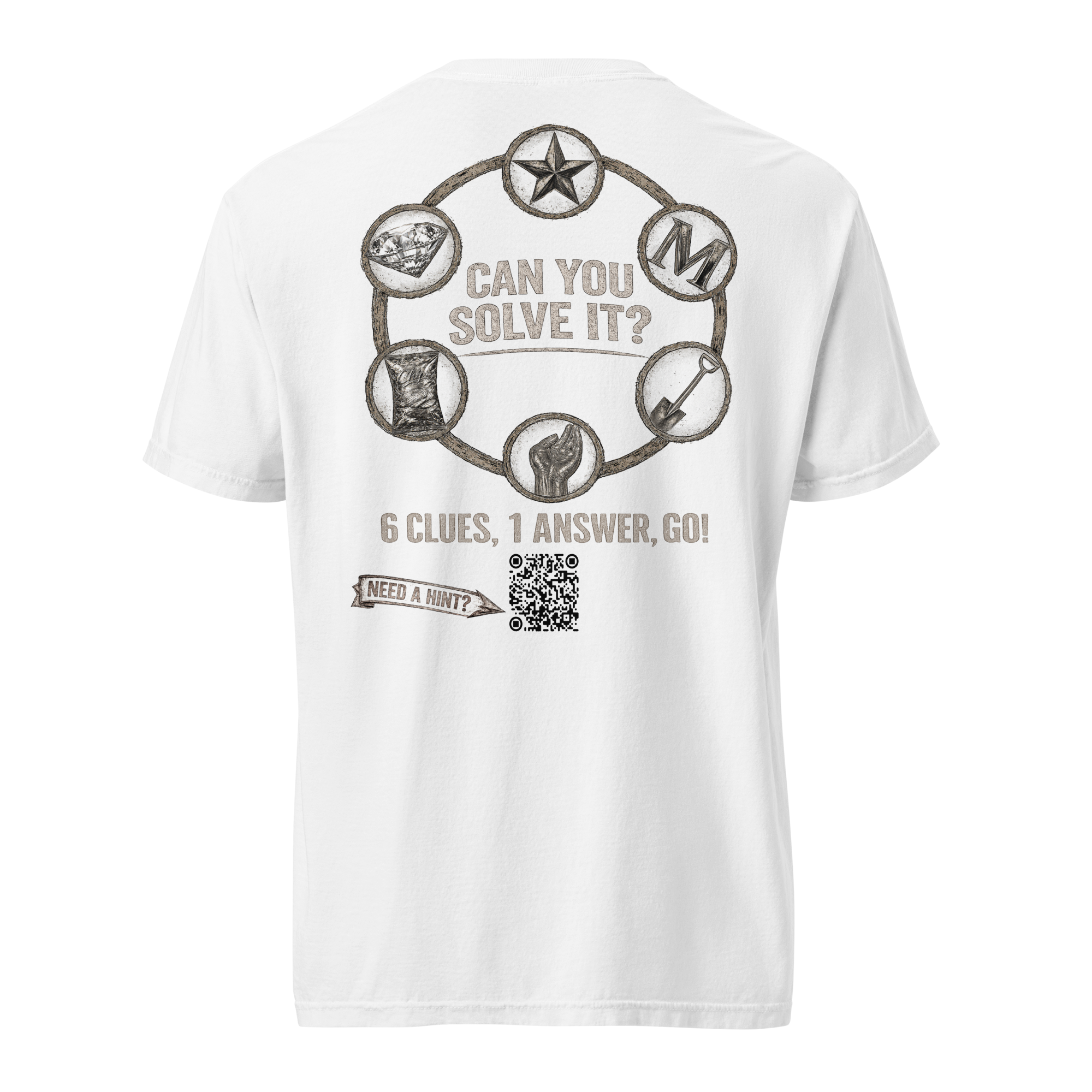 A mystery challenge on the back of a white shirt. 