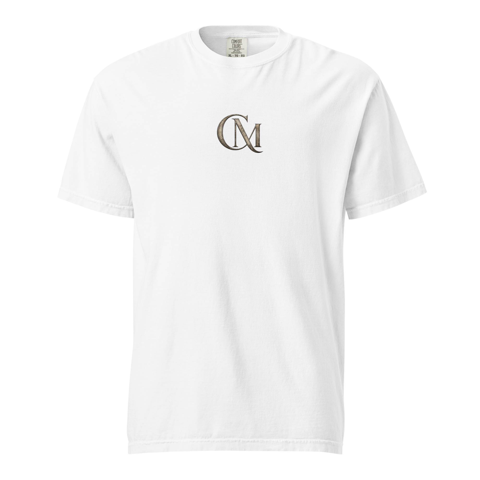 Product mockup of a white tee with CM logo on it for Charming Mystery Games