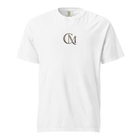 Product mockup of a white tee with CM logo on it for Charming Mystery Games
