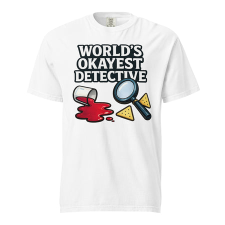 World's Okayest Detective graphic on the front of a shirt