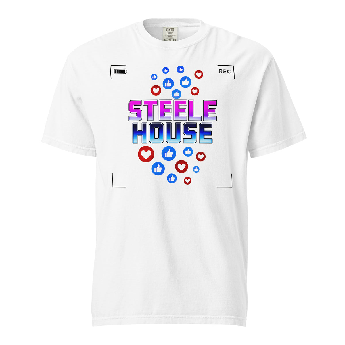 Product mockup of the Steele House tee shirt graphic for the Slay at the Cameras murder mystery party game.