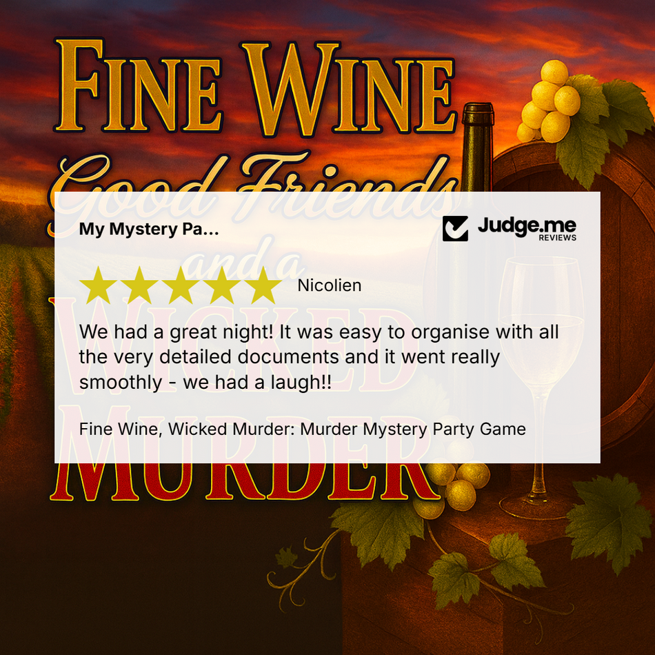 Wine tasting murder mystery party review, 5 stars