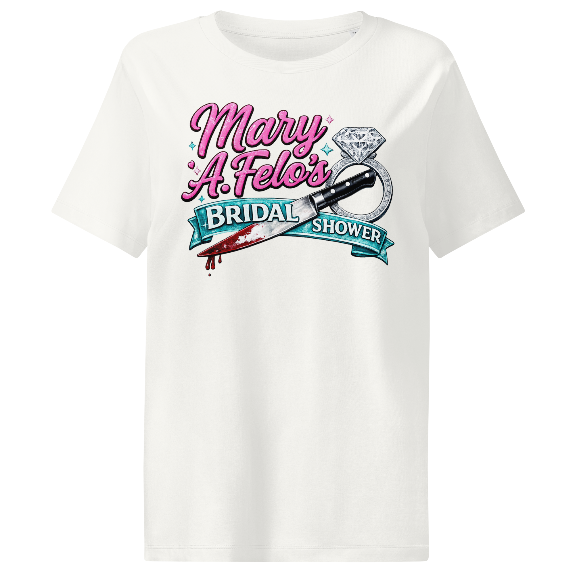 Product mockup of a bridal shower graphic tee shirt.