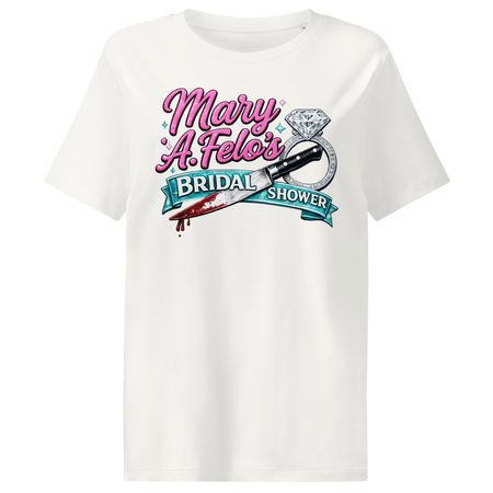 Product mockup of a bridal shower graphic tee shirt.