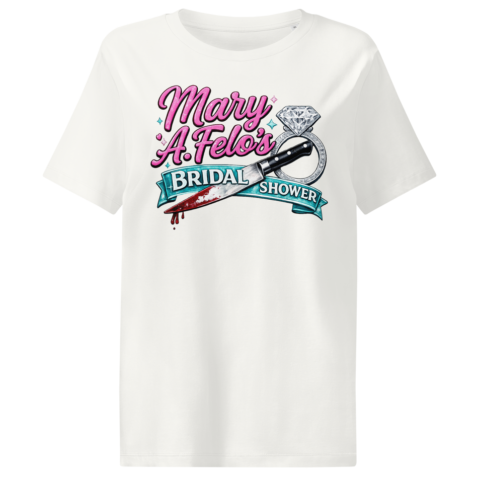 Product mockup of a bridal shower graphic tee shirt.