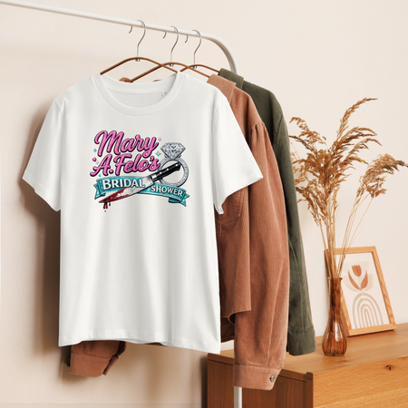 Bridal shower graphic tee shirt on a hanger in a lifestyle shot.